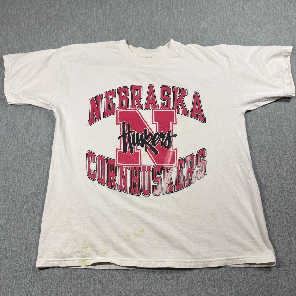 Nebraska Shirt Men M White Short Sleeve Huskers College Football Graphic Vintage